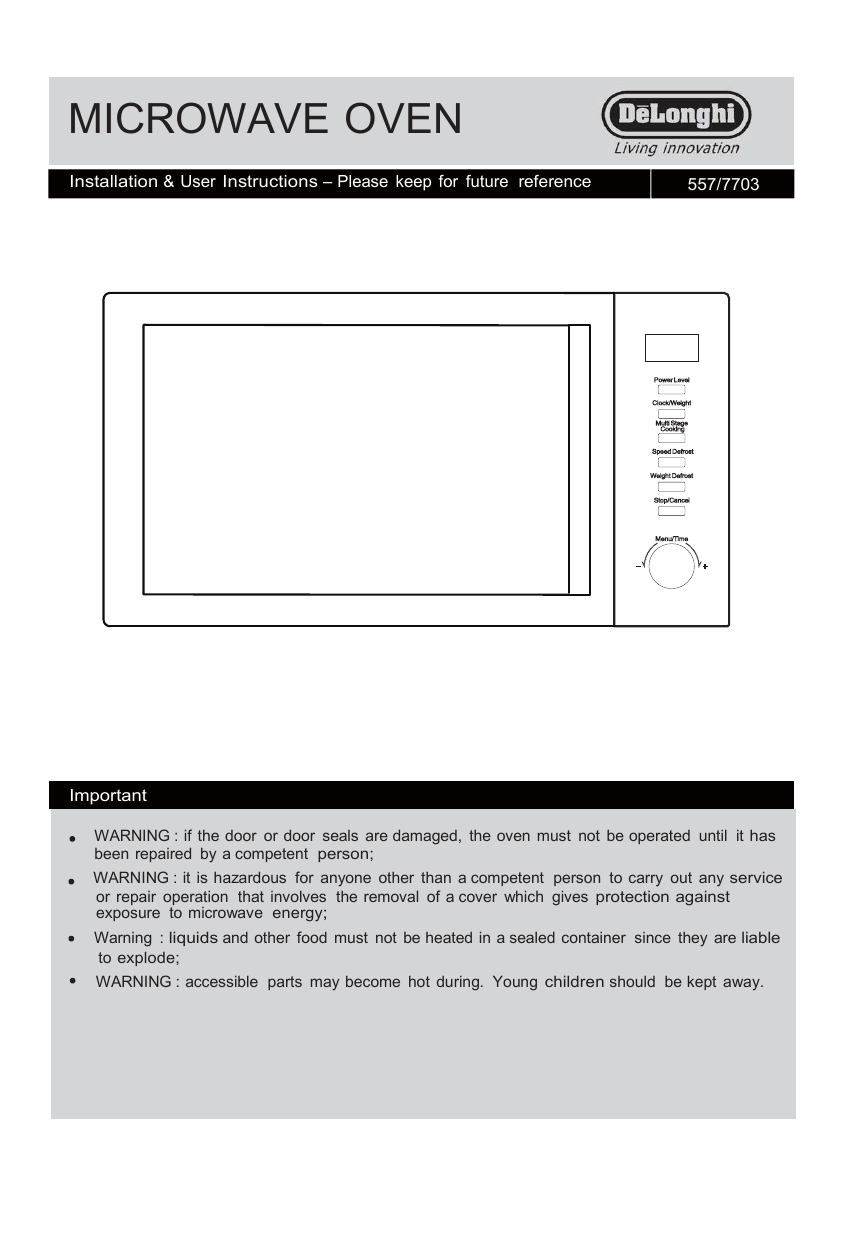 De Longhi Delonghi P90D 25L 900W Standard ET Microwave Instruction