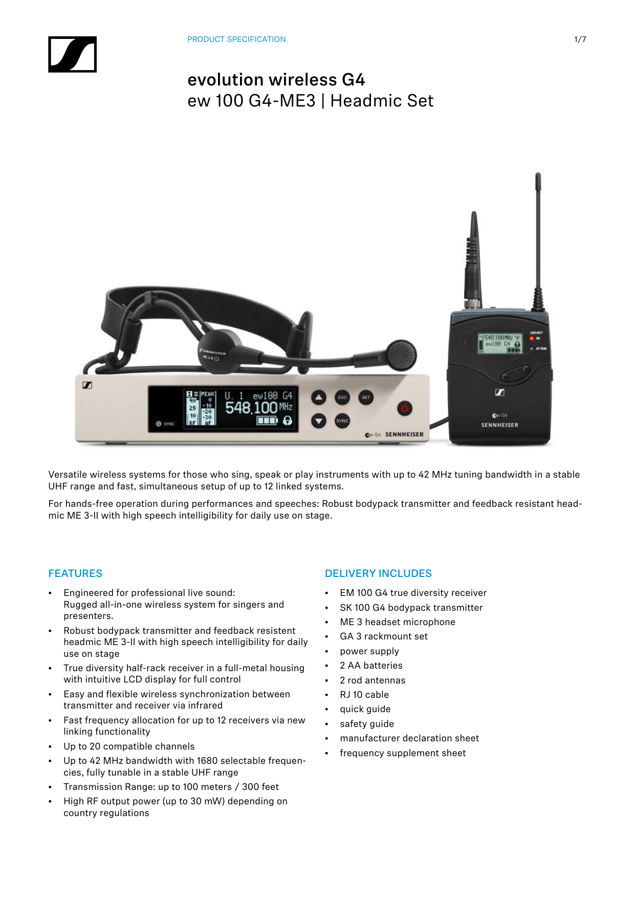 Sennheiser SK 100 G4 Spec Sheet | Manualzz