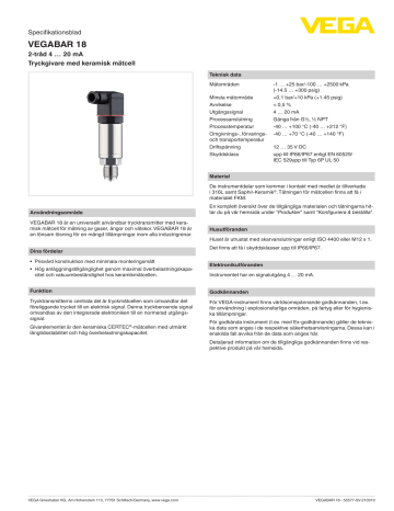 Vega VEGABAR 18 Pressure transmitter Specifikation | Manualzz