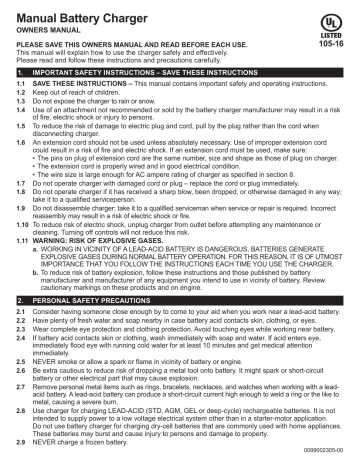 Schumacher SC1565 Manual Battery Charger UL 105-16 Owner Manual | Manualzz