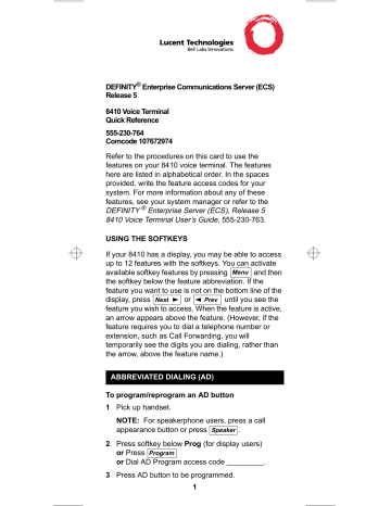 Lucent Technologies Definity Ecs Quick Reference Manualzz