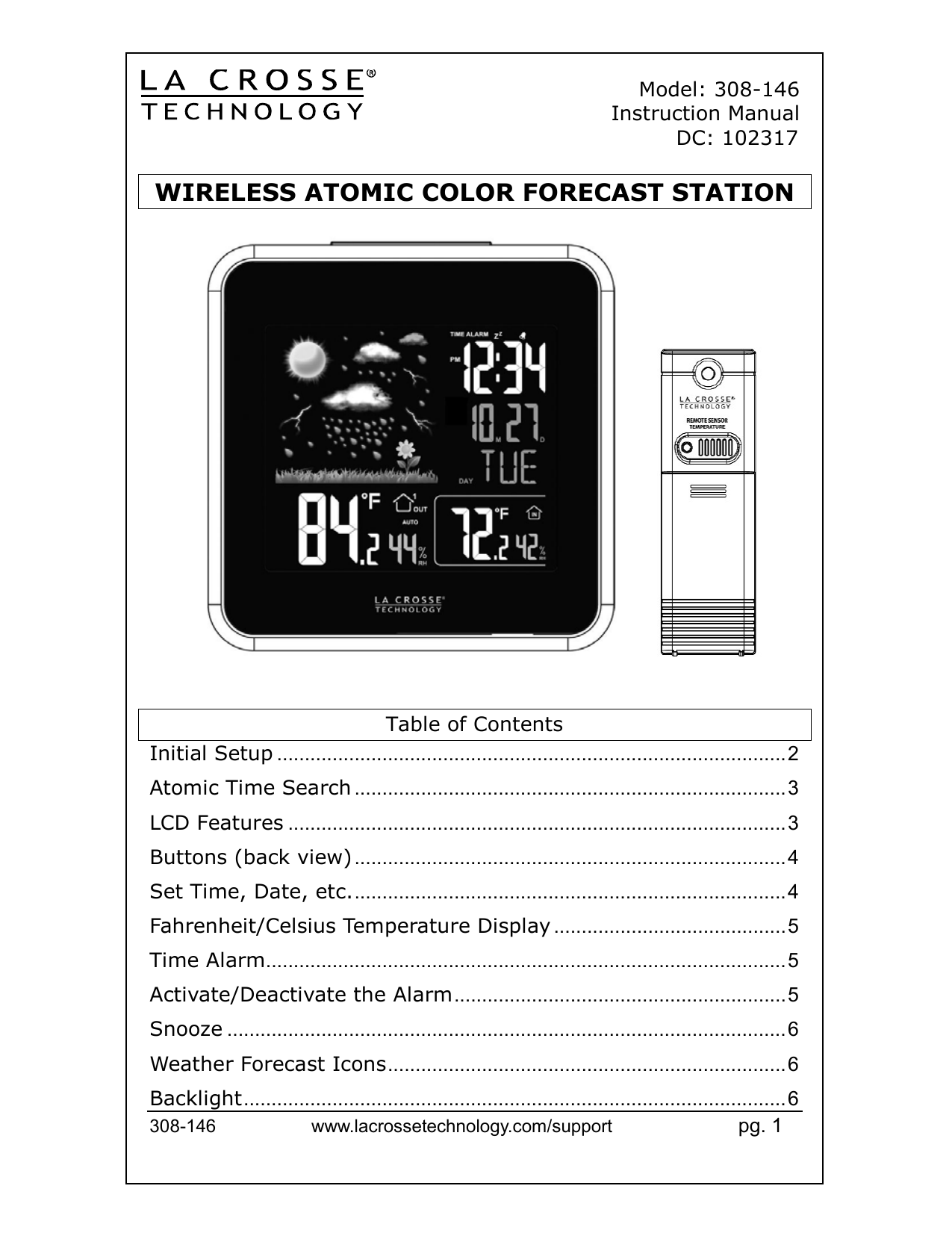 Heat Index USB Charging Port La Crosse Technology 308-146 Atomic Wireless Color Forecast Station with Dew Point