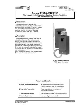 Johnson Controls A19A, A19AAF-9102, A19B, A19D Product Bulletin | Manualzz