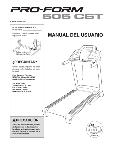 Pro-Form 505 Cst Treadmill, PFTL60910.1 Manual Del Usuario | Manualzz
