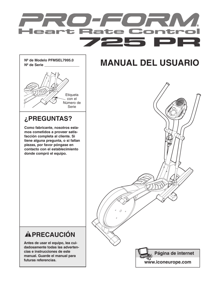 Pro-Form 725 Pr Elliptical, PFMSEL7995.0 User's manual | Manualzz