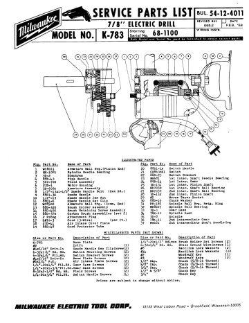 Milwaukee K-783 Service Parts List | Manualzz