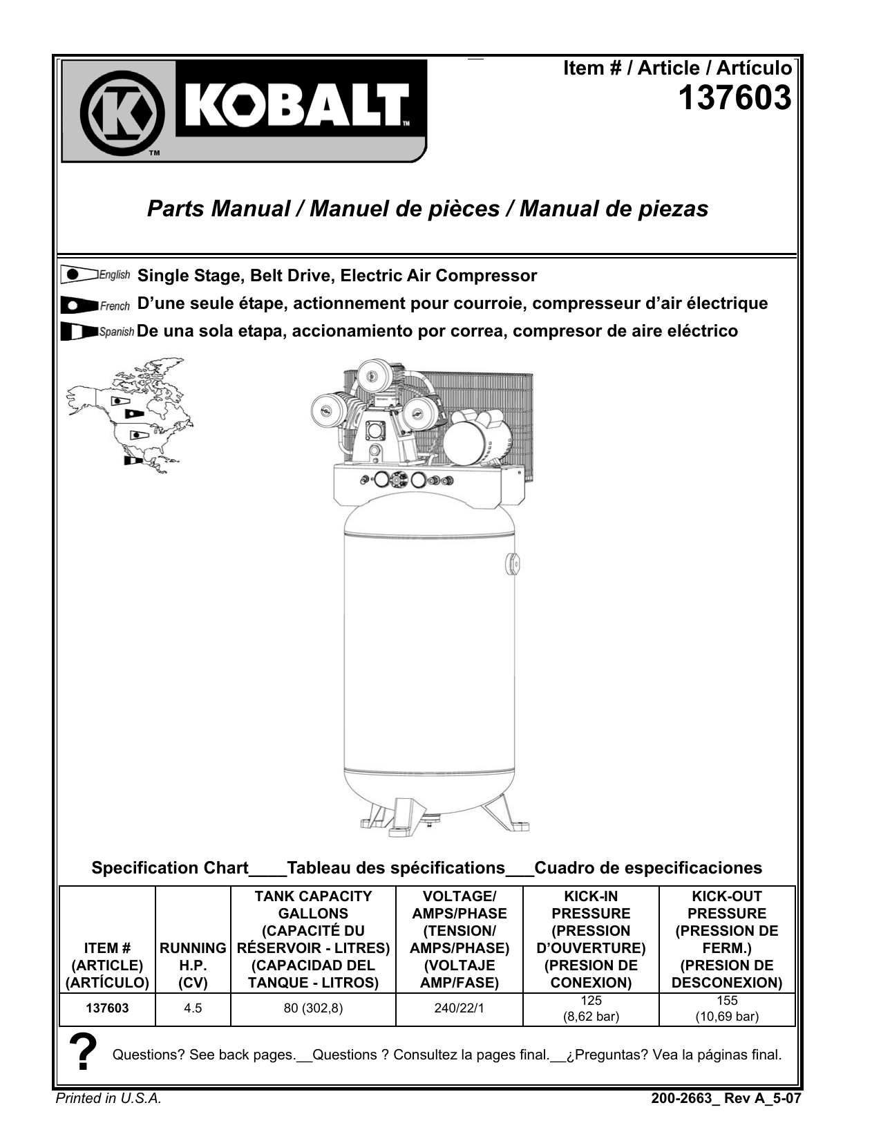 Compresseur à air Kobalt portatif électrique 1 phase réservoir