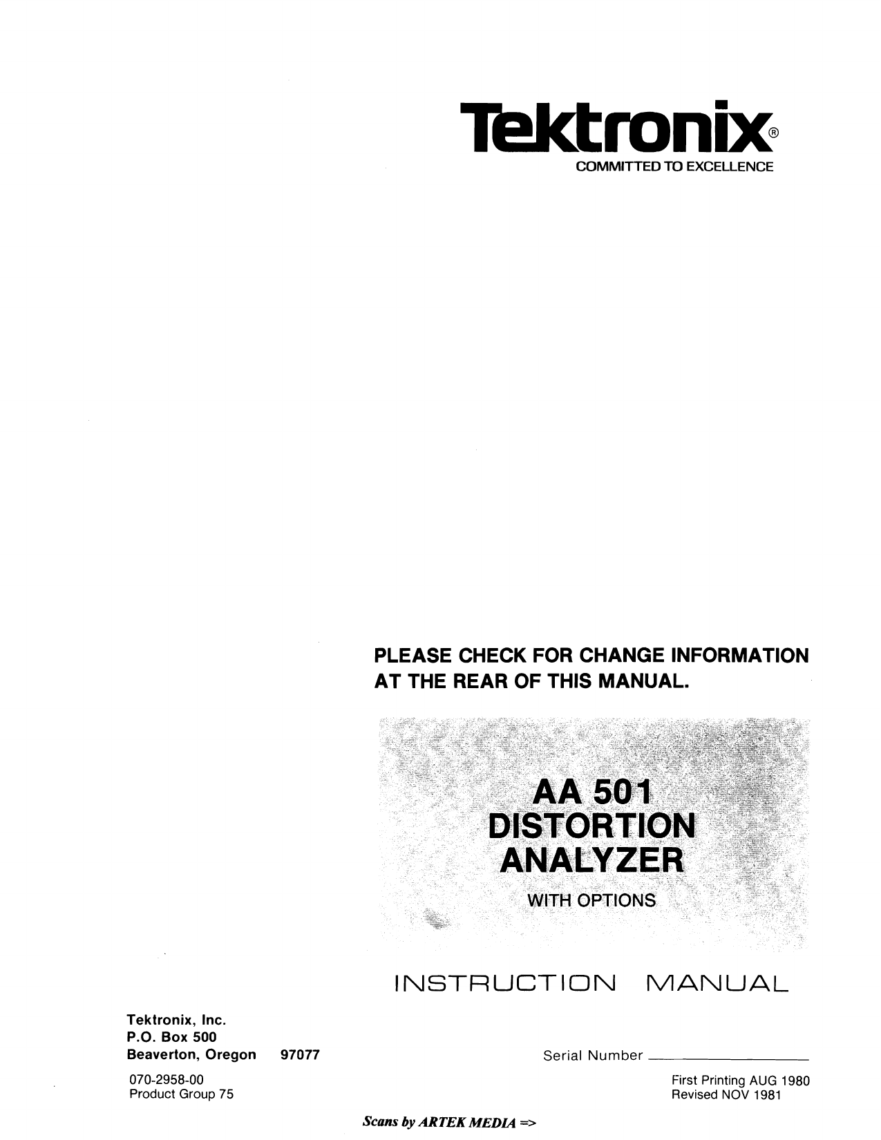 Tektronix AA5001 Distortion Analyzer Instruction MANUAL Service & Ops 