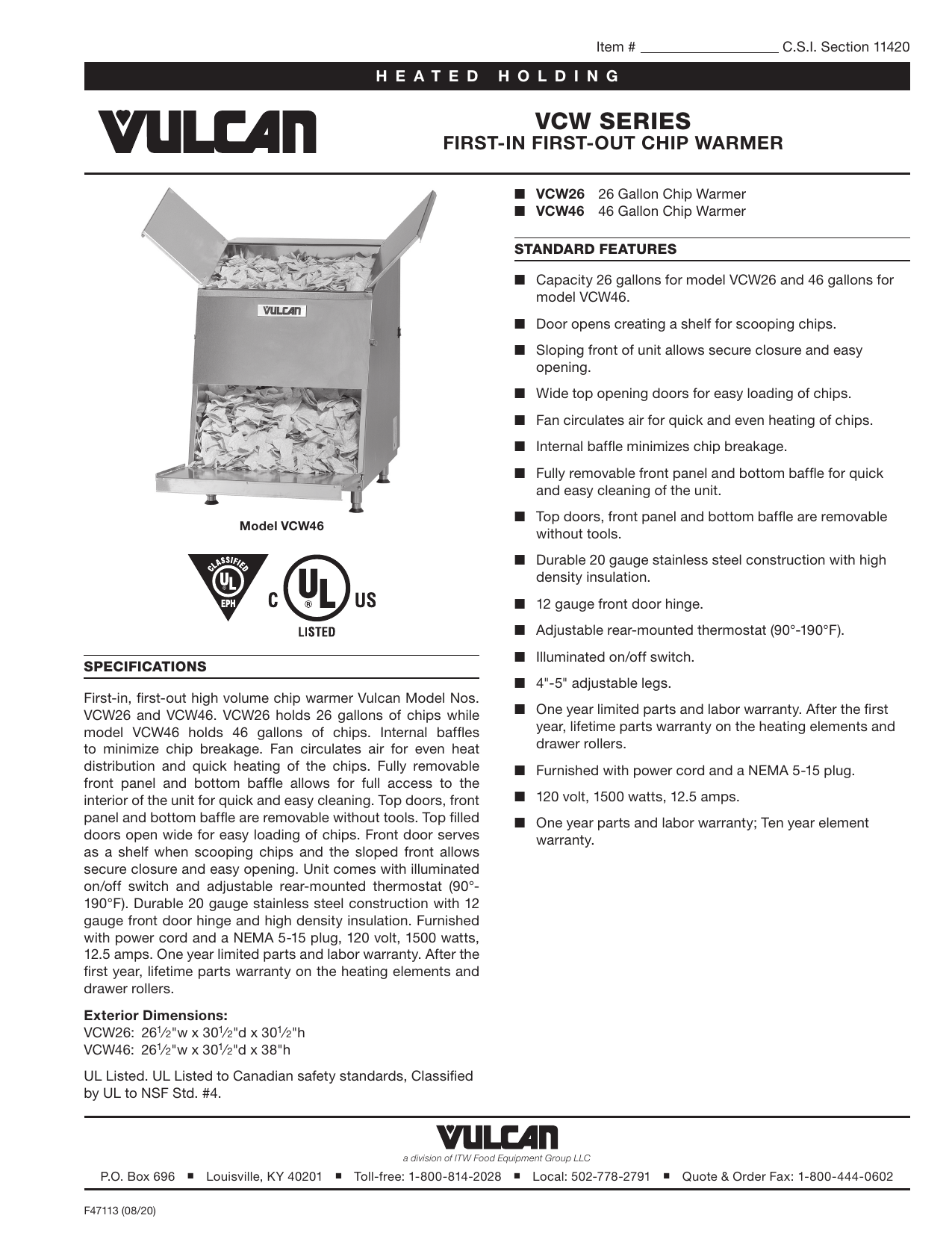 Vulcan VCW26 Top Loading First-In First-Out 26 Gallon Cap Chip Warmer 