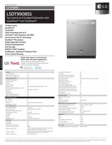 LG Studio LSDT9908SS 24 Inch Smart Built-In Dishwasher Spec Sheet | Manualzz