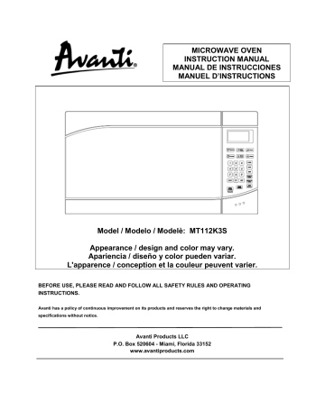 Avanti MT112K3S 1.1 cu. ft. Capacity Countertop Microwave Instruction Manual | Manualzz