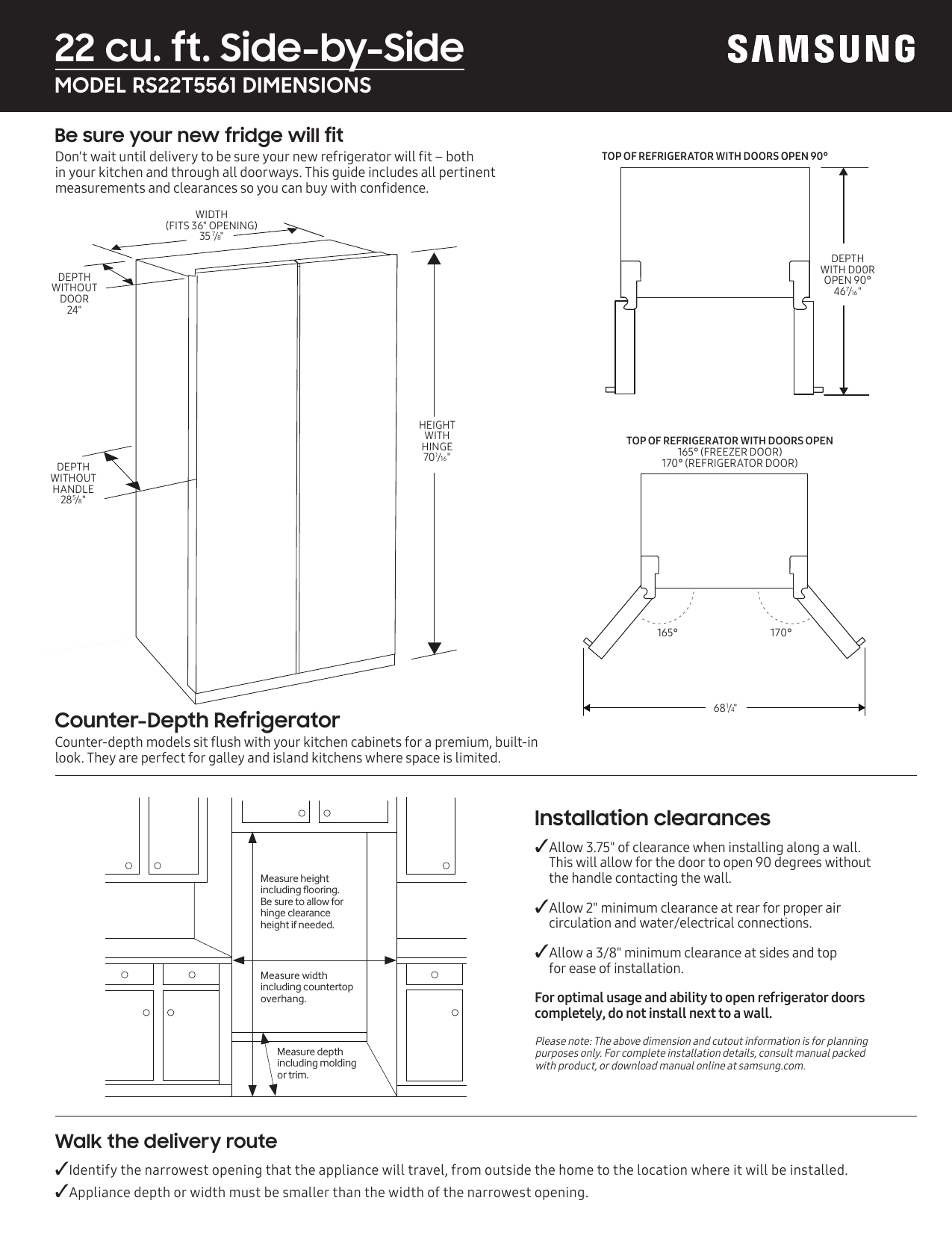 samsung side by side door refrigerator dimensions