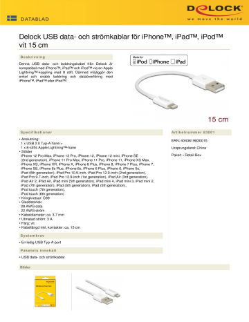 DeLOCK 83001 USB data and power cable for iPhone™, iPad™, iPod™ white 15 cm Datablad | Manualzz