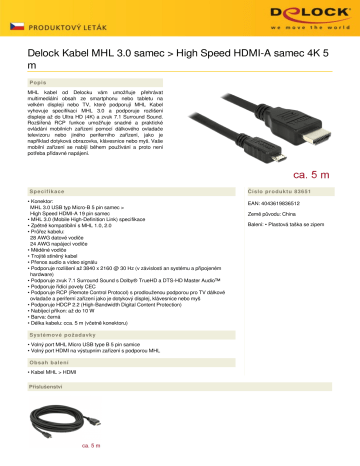 DeLOCK 83651 Cable MHL 3.0 male > High Speed HDMI-A male 4K 5 m Dátový hárok | Manualzz