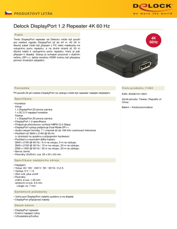 DeLOCK 11464 DisplayPort 1.2 Repeater 4K 60 Hz Dátový hárok | Manualzz
