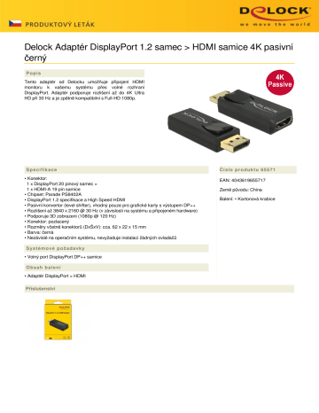 DeLOCK 65571 Adapter DisplayPort 1.2 male > HDMI female 4K Passive black Dátový hárok | Manualzz