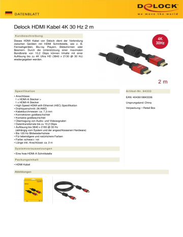 DeLOCK 84333 HDMI cable 4K 30 Hz 2 m Datenblatt | Manualzz
