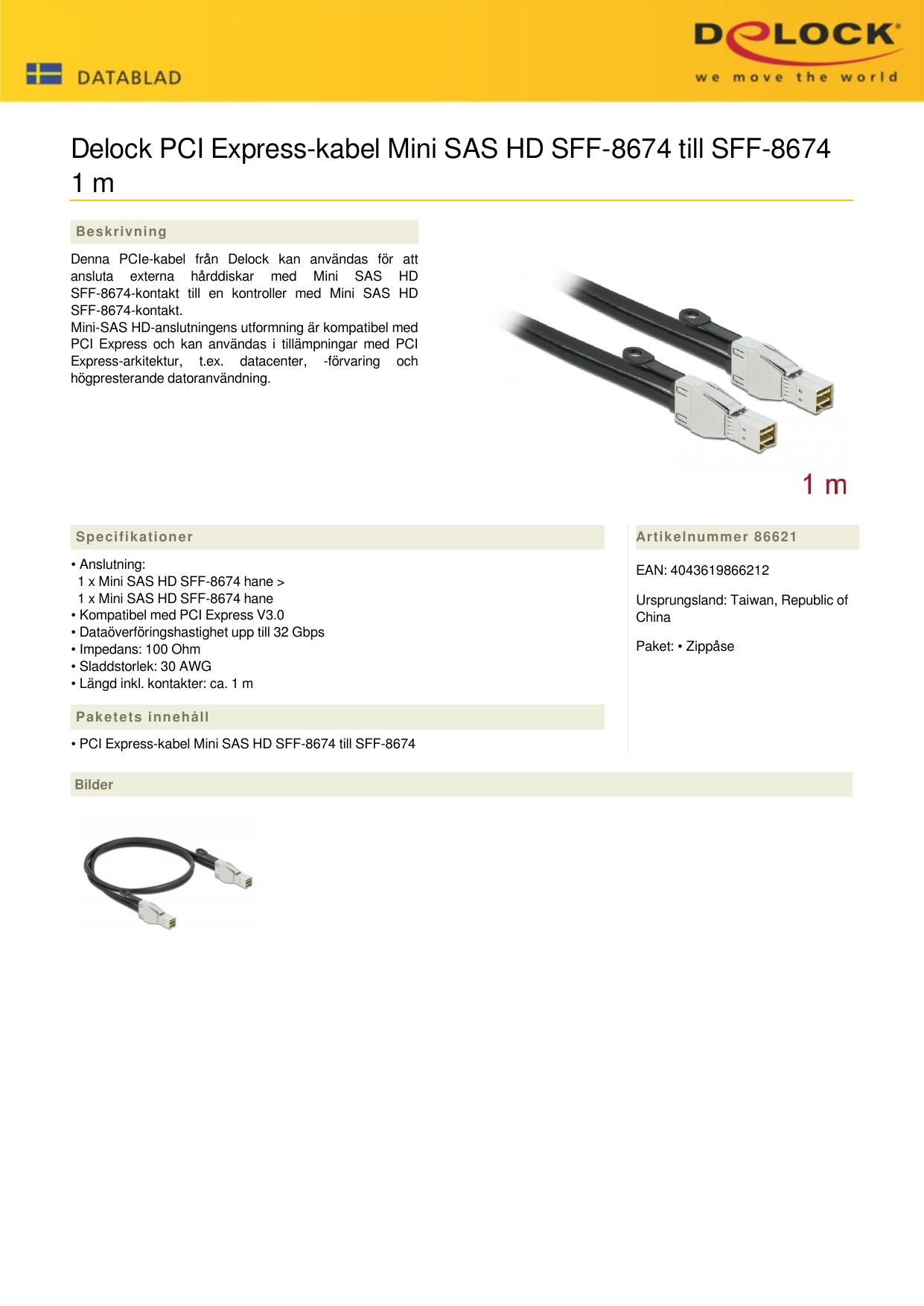 DeLOCK 86621 PCI Express Cable Mini SAS HD SFF-8674 to SFF-8674 1 m  Datablad | Manualzz