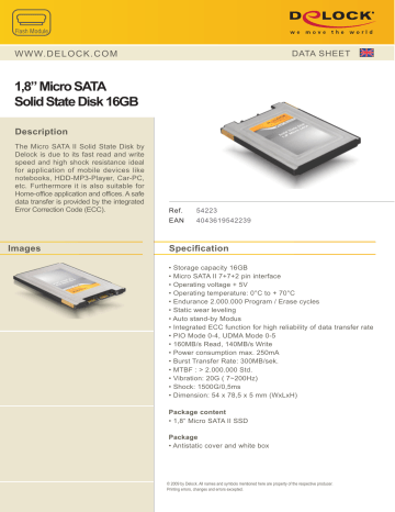 Delock 54223 1,8” Micro SATA Solid State Disk 16GB Data Sheet | Manualzz