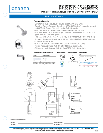 Gerber D511030TC Amalfi™ Tub & Shower Trim Kit, 1.75gpm Spec Sheet | Manualzz