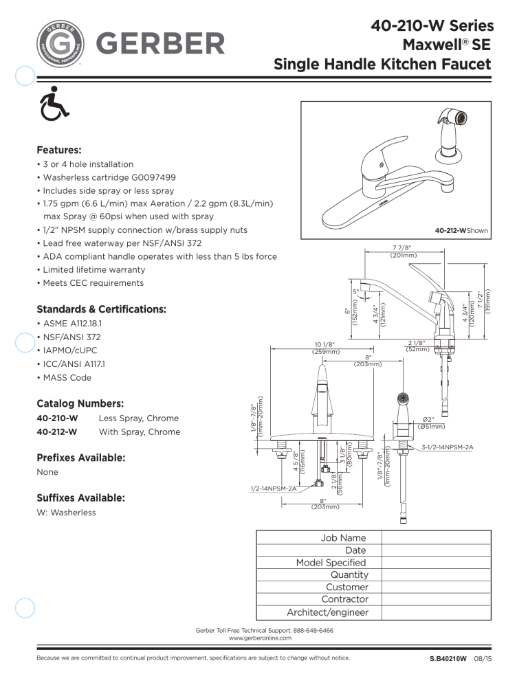 Gerber G0040212W Specification Manualzz