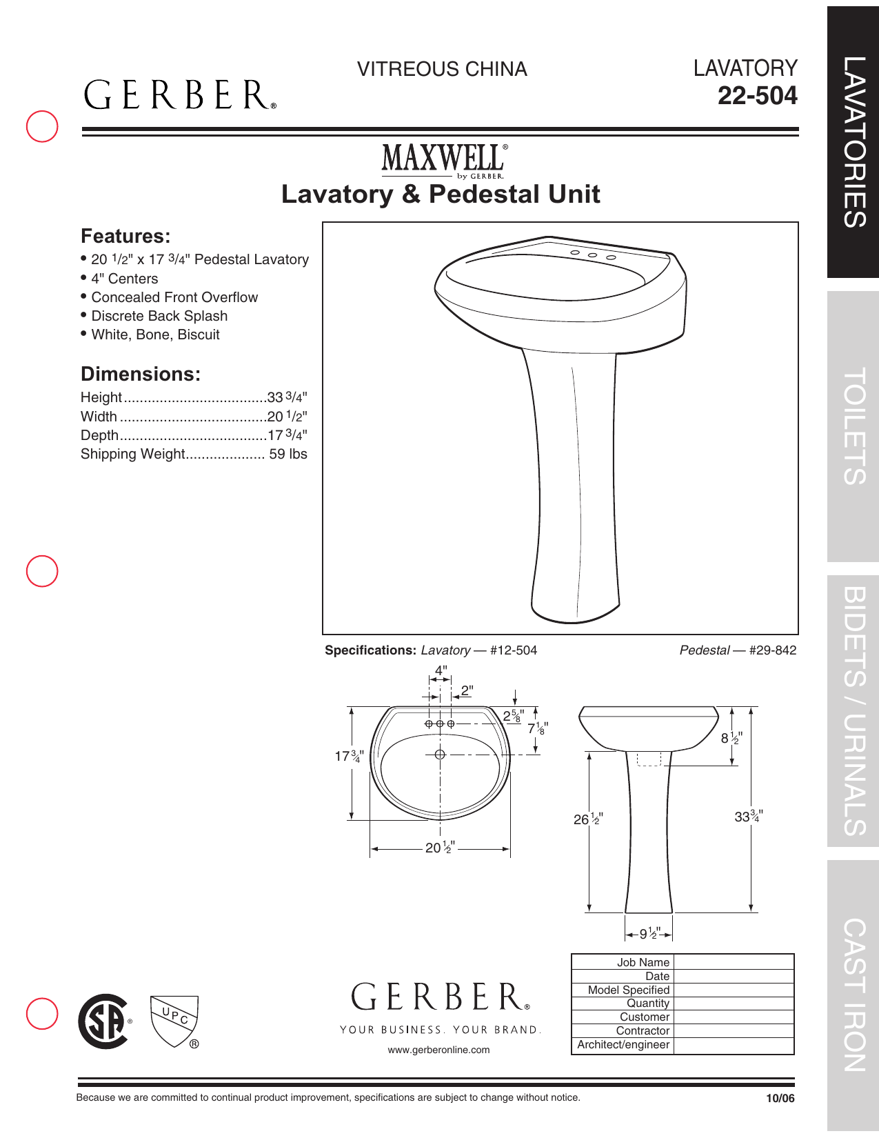 Lavatory & Pedestal Gerber 22504 Maxwell 4" White Center Pedestal Sink