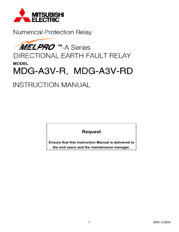 Mitsubishi Electric New MELPRO-A Series DIRECTIONAL EARTH FAULT RELAY MDG-A3 Owner's Manual | Manualzz
