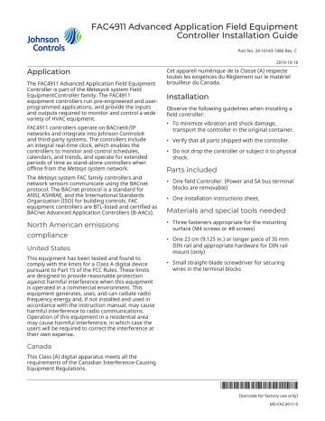 Johnson Controls Metasys FAC4911 Installation Manual | Manualzz