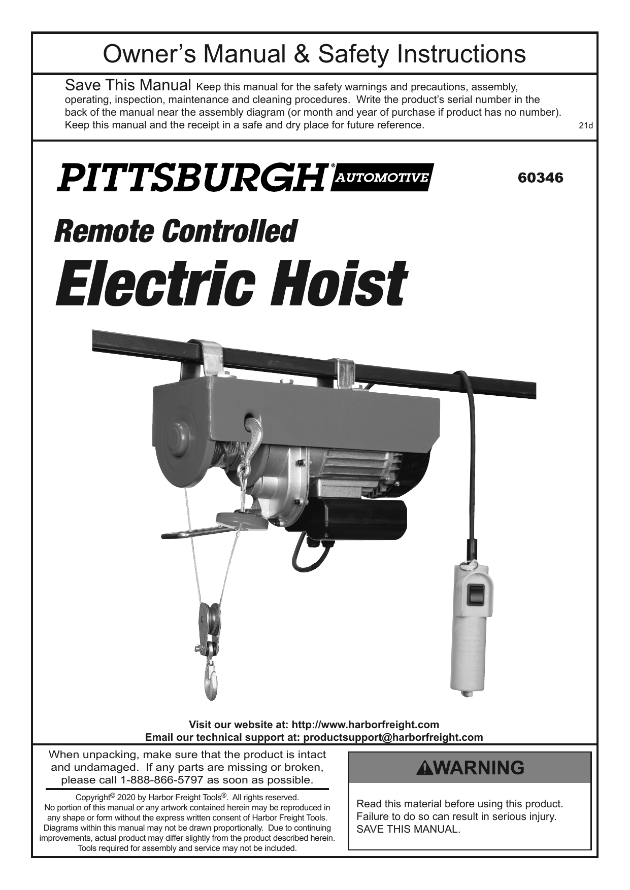PITTSBURGH AUTOMOTIVE Item 60346-UPC 193175339461 440 lb. Electric Hoist  Owner's Manual | Manualzz  Pittsburgh Electric Hoist 60346 Wiring Diagram    Manualzz