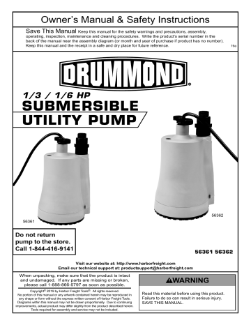 Drummond 1/6 HP Submersible Utility Pump 1600 gph 120V upc3192 