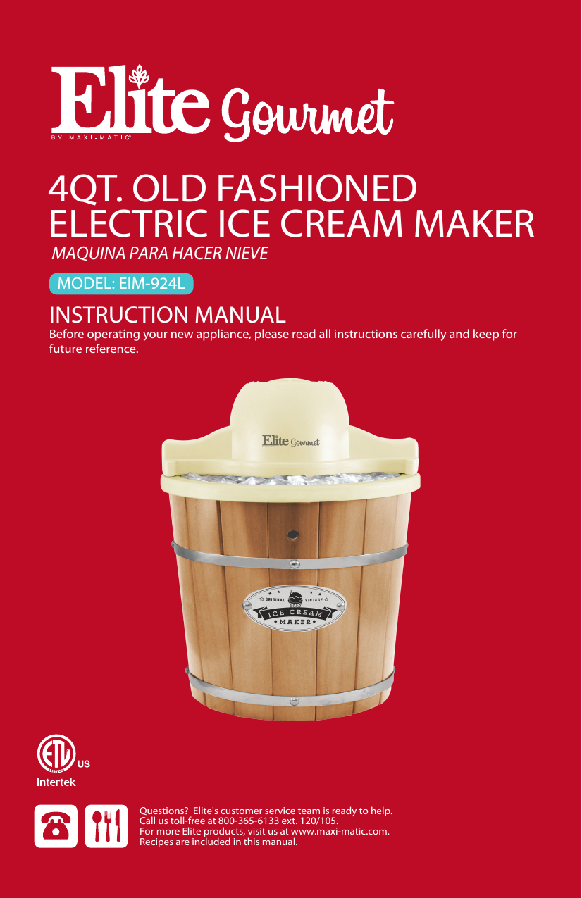 ELITE GOURMET EIM-924L ELECTRIC ICE CREAM MAKER User Manual