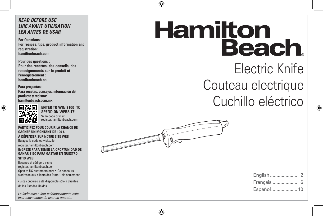 Hamilton Beach 74250R White Electric Knife Set - 120V