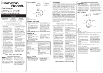 Hamilton Beach 72603 FreshChop™ 3 Cup Food Chopper Use and Care Guide | Manualzz