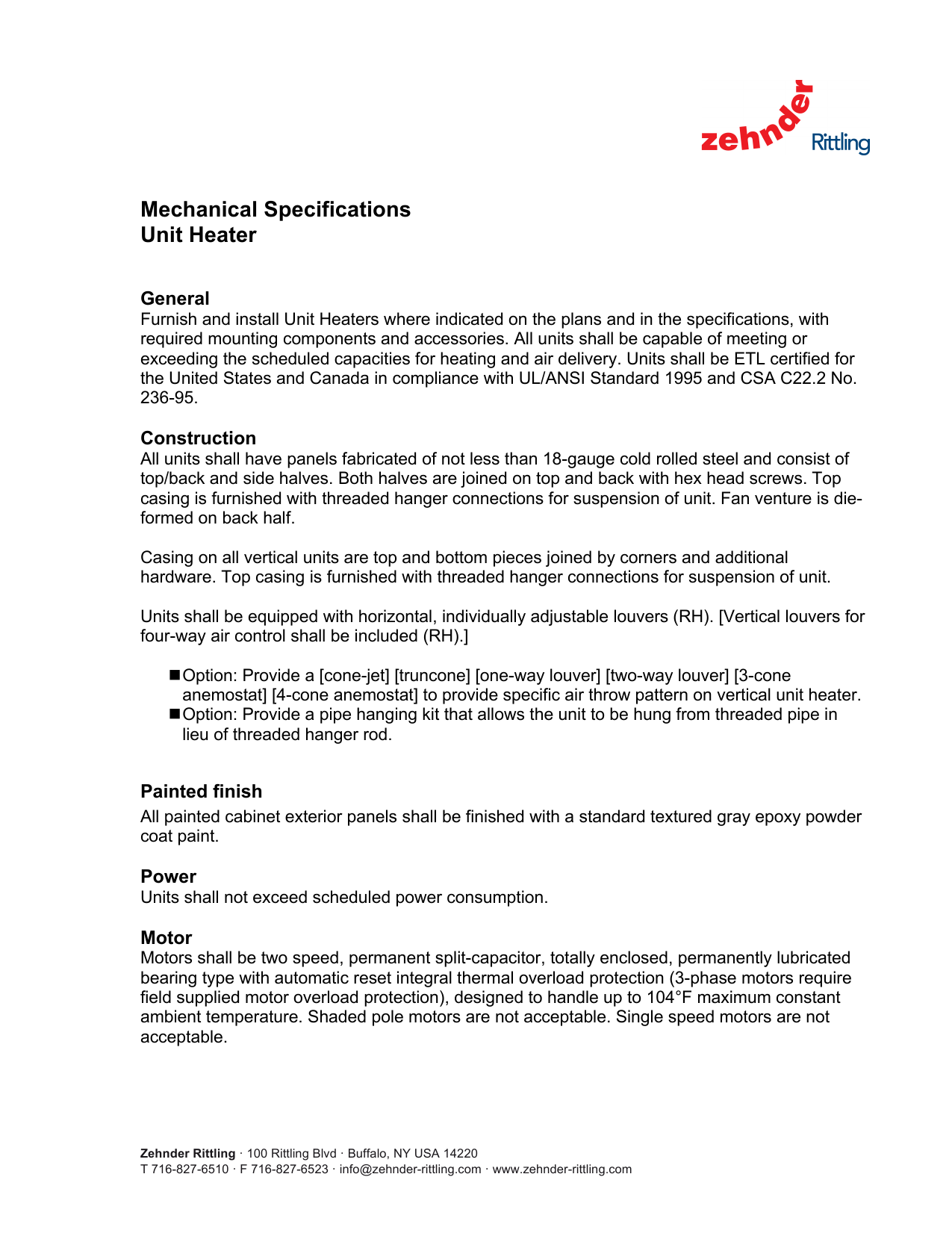 Zehnder Rittling Unit Heaters – Specifications Specification | Manualzz
