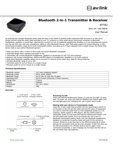 Avsl Av:Link Bluetooth 2-in-1 Transmitter & Receiver [BTTR2] User