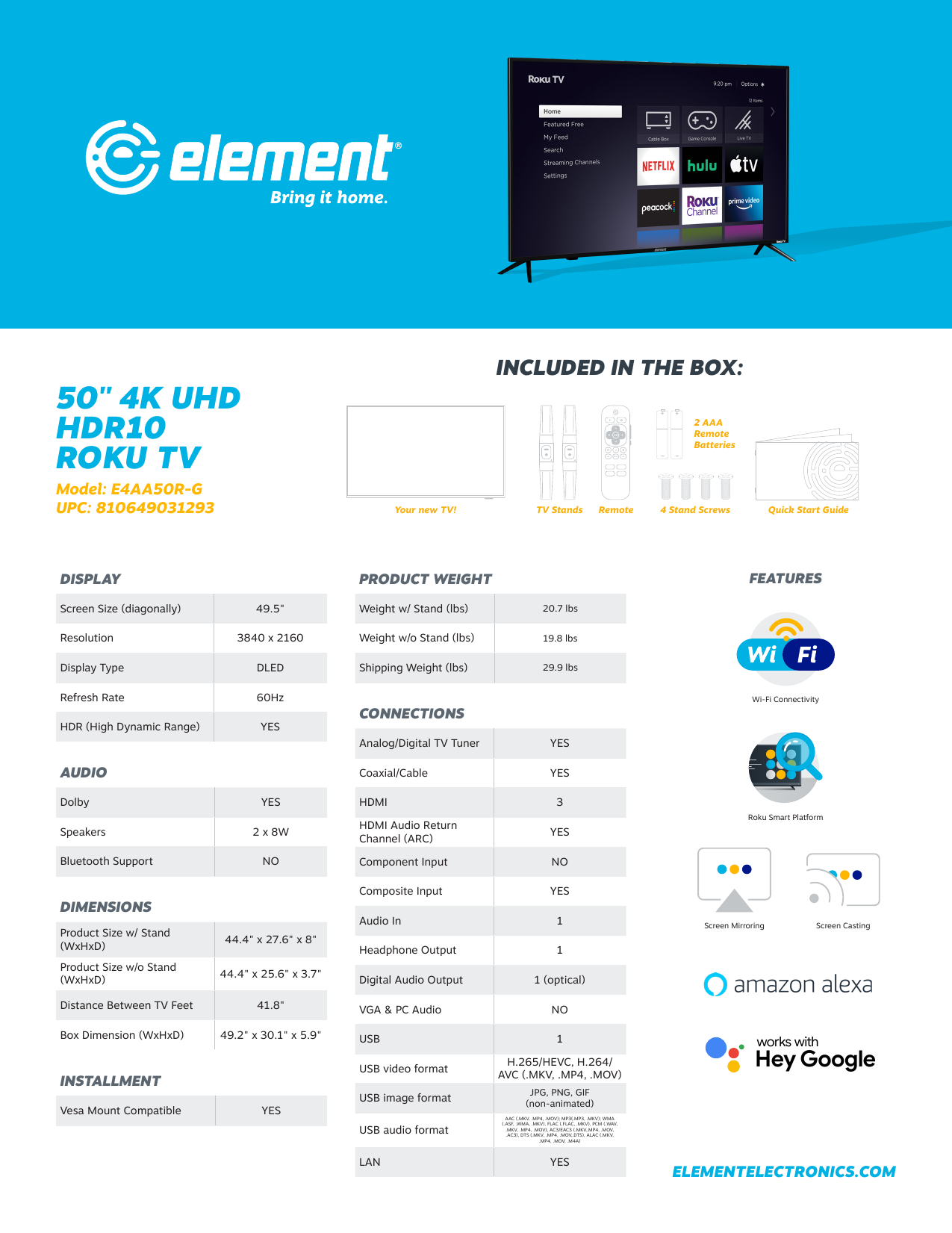 Element 50” 4K UHD HDR10 Roku TV