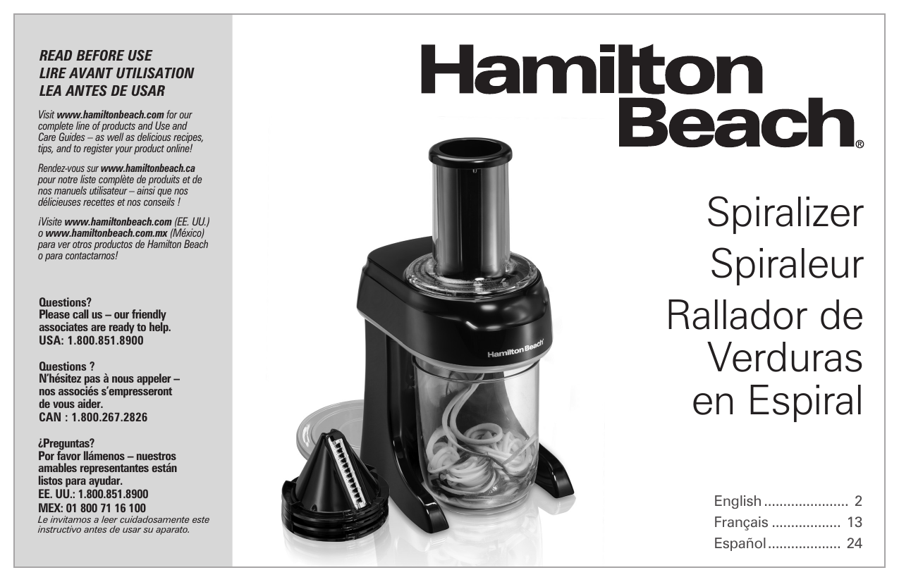 HAMILTON BEACH 3-IN-1 SPIRALIZER 2 SPEED ELECTRIC VEGETABLE SLICER EBOOK  RECIPIE