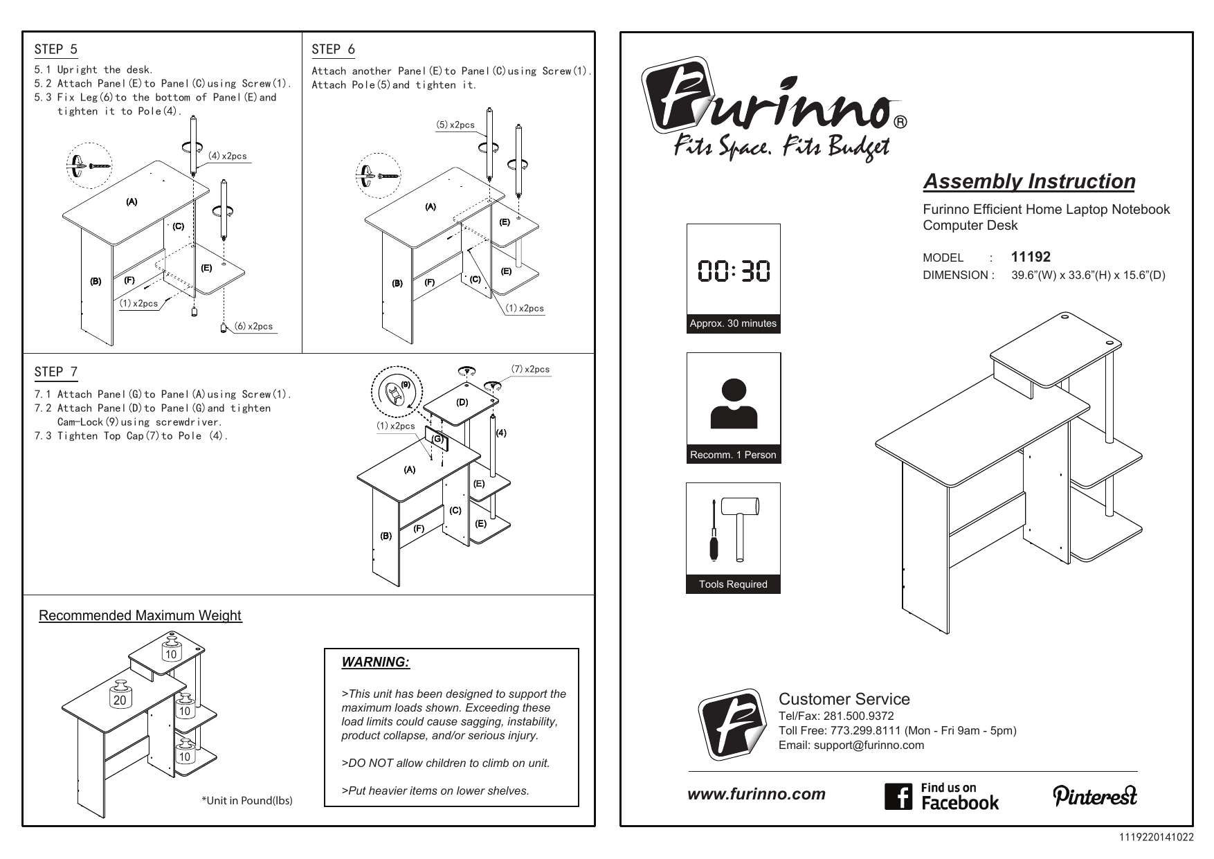 Furinno computer 2025 desk 11192 instructions