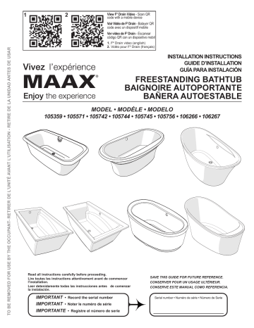 Optik 6636 F Bathtub Installation Guide, Maax Nomad Bathtub Installation Instructions