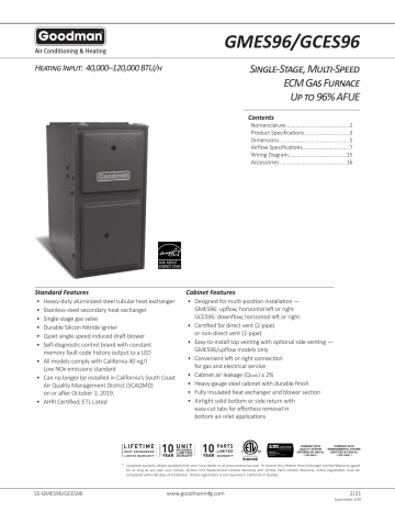 Goodman GMES96 Gas Furnace Spec Sheet | Manualzz