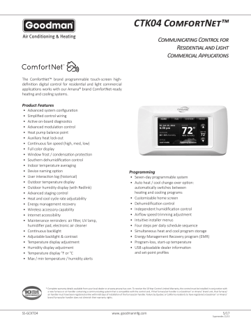 Goodman ComfortNet™ CTK04 Temperature Control Spec Sheet | Manualzz