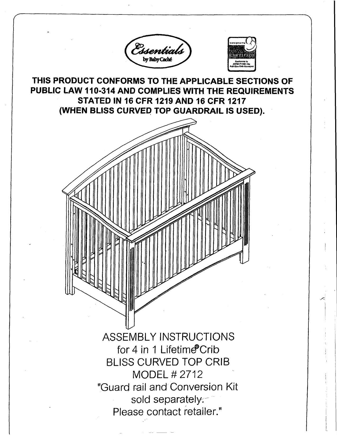 Essentials BLISS CURVED TOP CRIB 2712 Assembly Instructions Manual