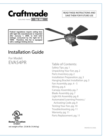 Craftmade EVA54PR Installation Manual | Manualzz