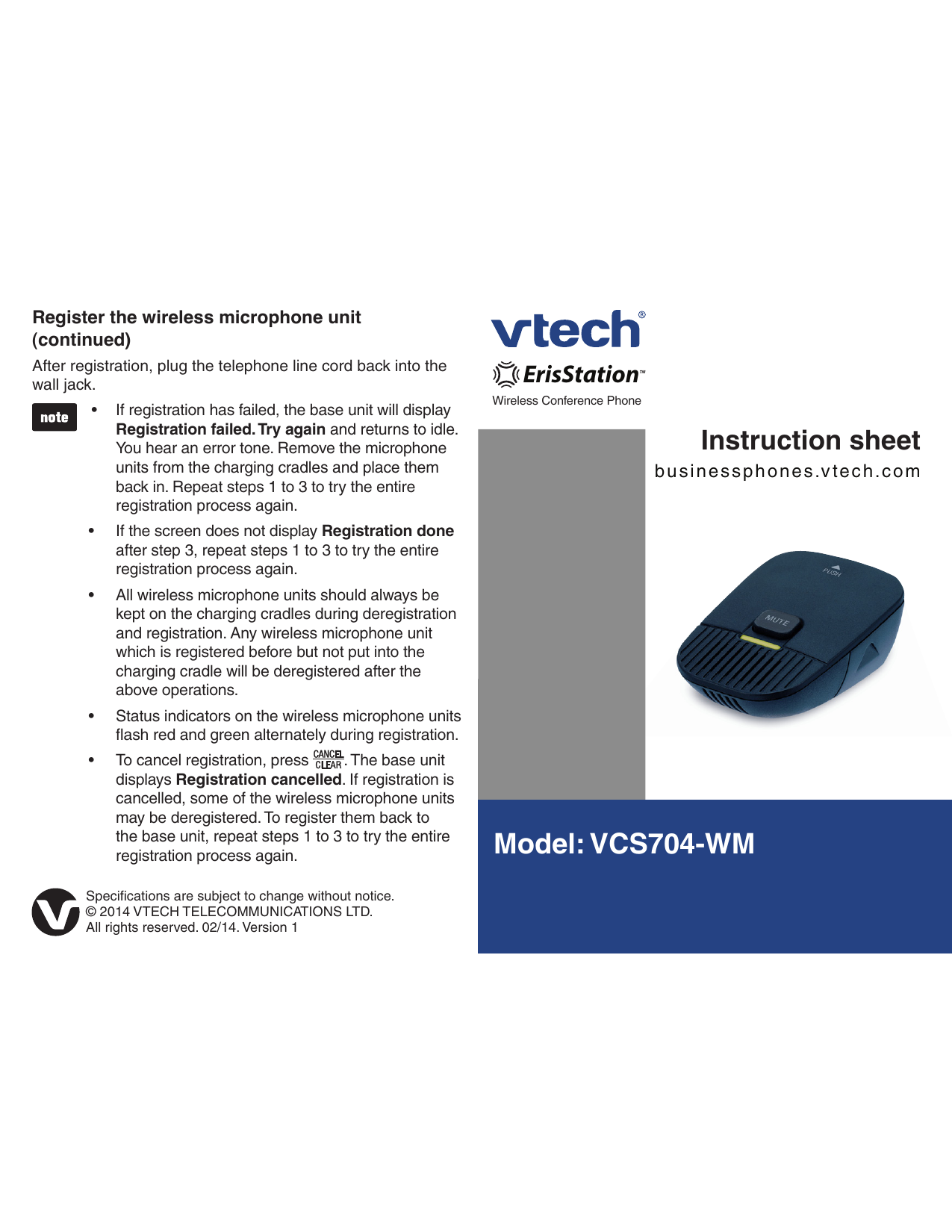 VTech ErisStation VCS704-WM Instruction 