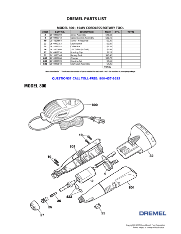 Dremel 10.8V Cordless Rotary Tool 800 Parts List | Manualzz