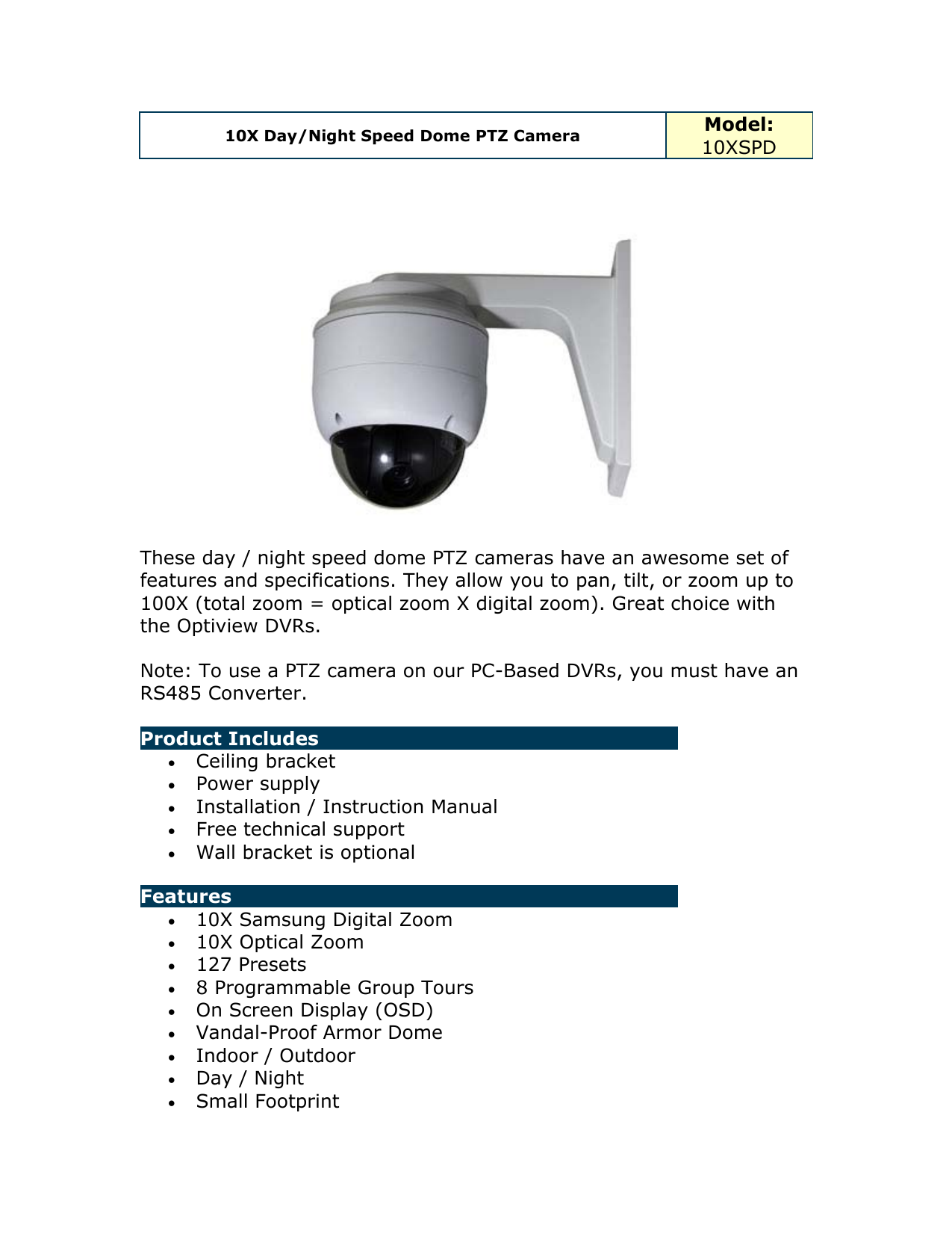 ptz camera specification