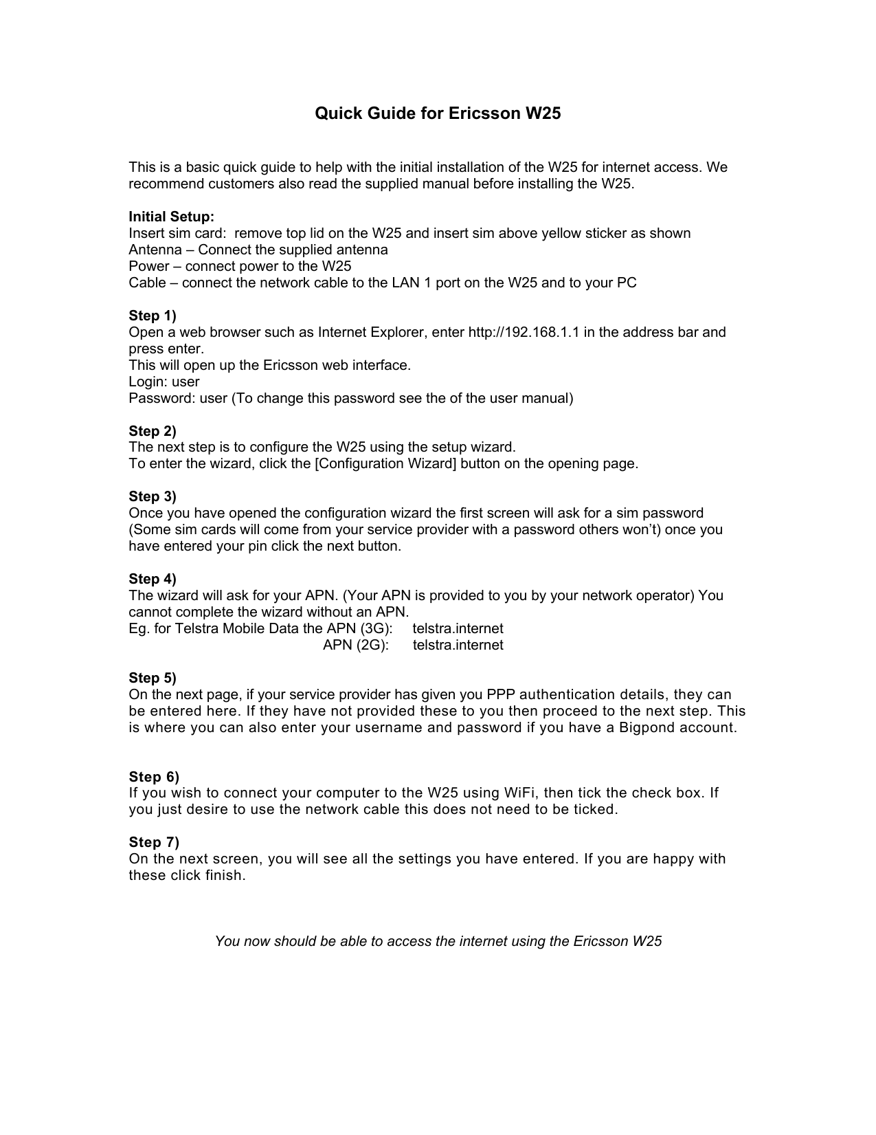 Telstra Internet Address Check Ericsson W25 Quick Manual | Manualzz