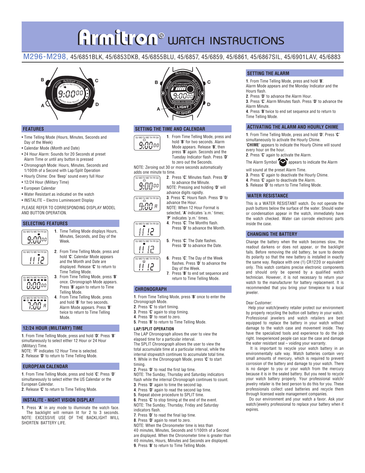 Armitron alarm cheap chrono watch instructions