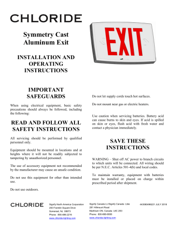 Chloride SCL Series NYC Steel Exit/Emergency Unit Install instructions | Manualzz