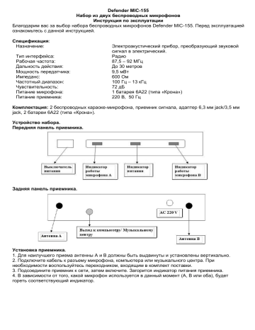 Defender MIC-155 Wireless microphones set Инструкция по эксплуатации | Manualzz